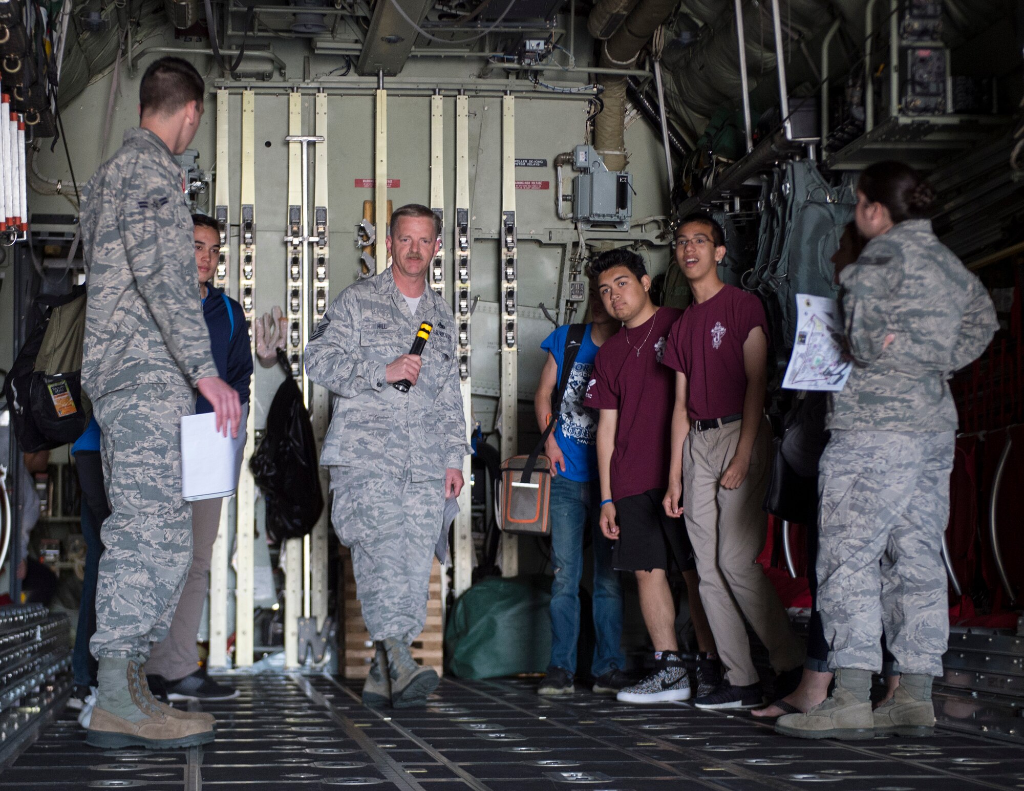 Members from five different Junior Reserve Officer Training Corp (JROTC) units visit the 133rd Airlift Wing on May 15, 2019.