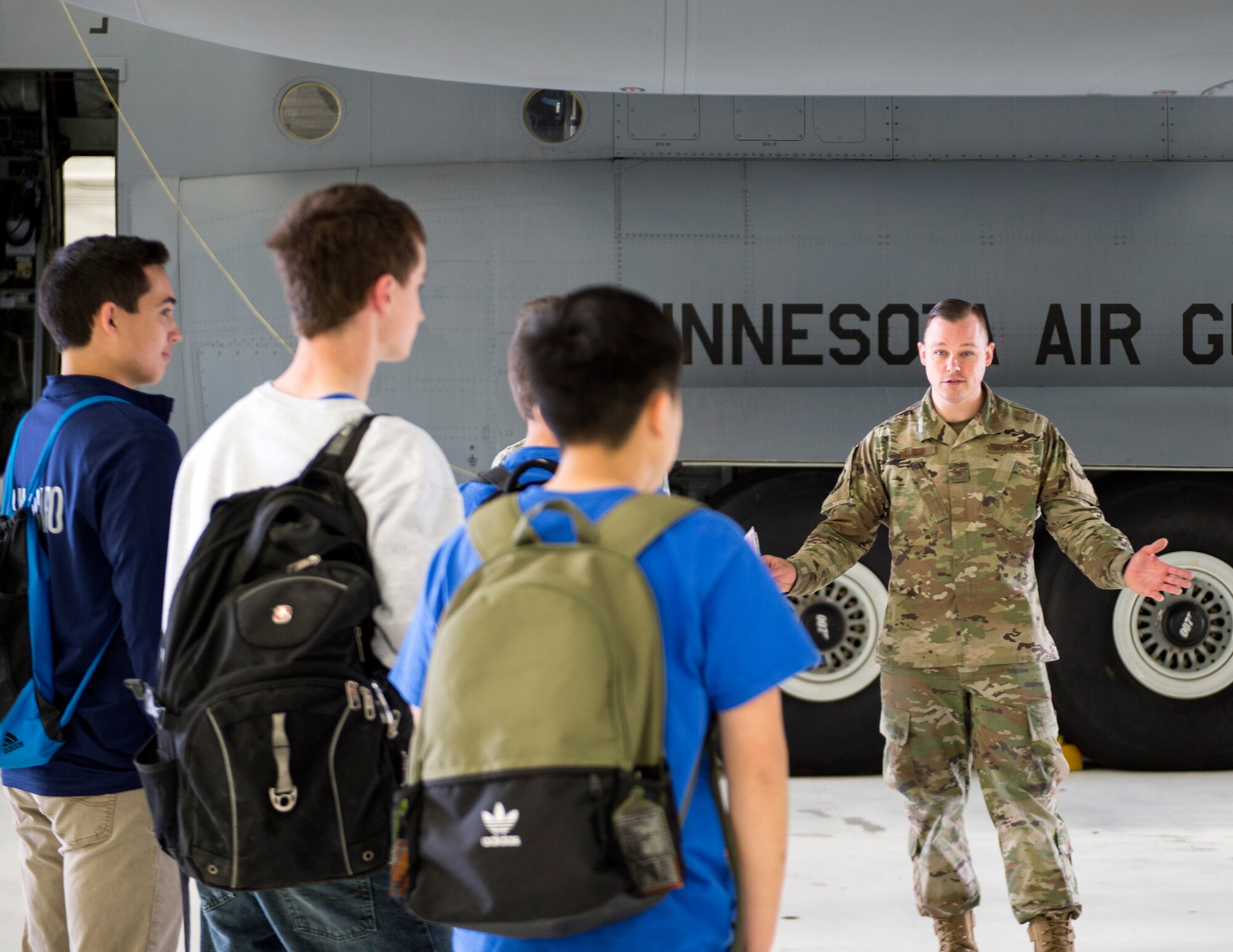 Members from five different Junior Reserve Officer Training Corp (JROTC) units visit the 133rd Airlift Wing on May 15, 2019.