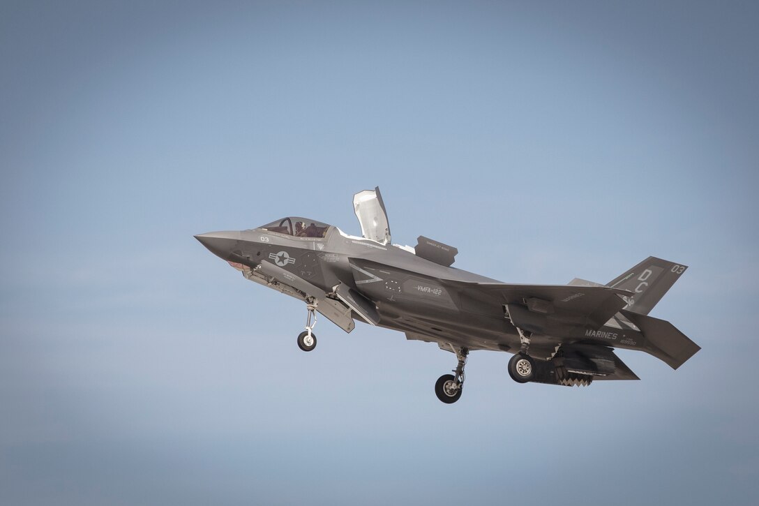 The U.S. Marine Corps F-35B displays their capabilities during the 2019 Yuma Airhow hosted by Marine Corps Air Station (MCAS) Yuma Ariz., March 9, 2019. The airshow is MCAS Yuma's only military airshow of the year and provides the community an opportunity to see thrilling aerial and ground performers for free while interacting with Marines and Sailors. (U.S. Marine Corps photo by Sgt. Allison Lotz)