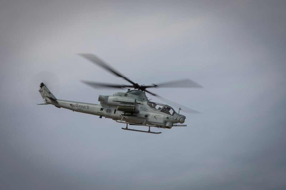 The U.S. Marine Corps AH-1 Viper displays its capabilities during the 2019 Yuma Airhow hosted by Marine Corps Air Station (MCAS) Yuma Ariz., March 9, 2019. The airshow is MCAS Yuma's only military airshow of the year and provides the community an opportunity to see thrilling aerial and ground performers for free while interacting with Marines and Sailors. (U.S. Marine Corps photo by Sgt. Allison Lotz)
