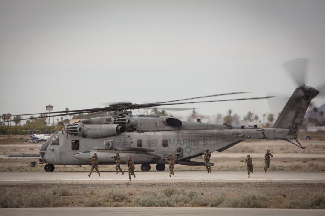 The U.S. Marine Corps CH-53 Super Stallion displays its capabilities during a MAGTF demonstration as part of the 2019 Yuma Airhow hosted by Marine Corps Air Station (MCAS) Yuma Ariz., March 9, 2019. The airshow is MCAS Yuma's only military airshow of the year and provides the community an opportunity to see thrilling aerial and ground performers for free while interacting with Marines and Sailors. (U.S. Marine Corps photo by Sgt. Allison Lotz)