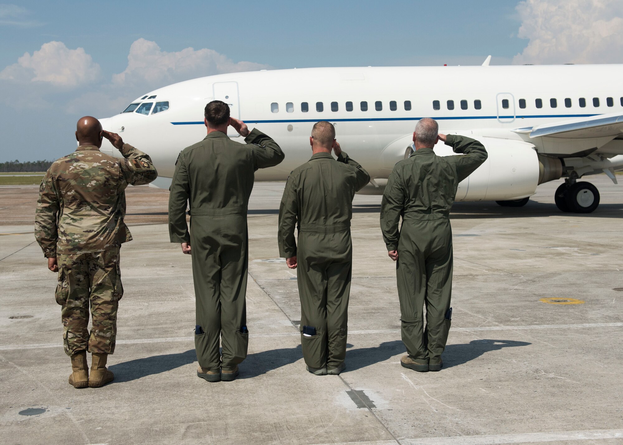 Base leadership salutes the distinguished visitors’ departing aircraft June 2, 2019, at Tyndall Air Force Base, Florida.