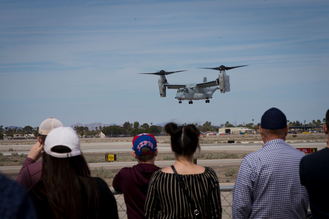 An MV-22B Osprey with VMX-1 demonstrates its capabilities during the 2019 Yuma Airshow at Marine Corps Air Station (MCAS) Yuma, Ariz., Saturday, March 9, 2019. The airshow is MCAS Yuma's only military airshow of the year and provides the community an opportunity to see thrilling aerial and ground performers for free while interacting with Marines and Sailors. (U.S. Marine Corps photo by Lance Cpl. Joel Soriano)