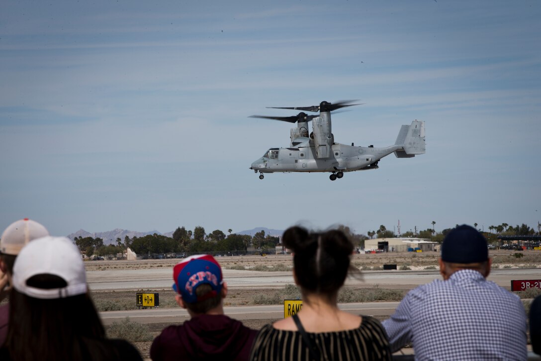 An MV-22B Osprey with VMX-1 demonstrates its capabilities during the 2019 Yuma Airshow at Marine Corps Air Station (MCAS) Yuma, Ariz., Saturday, March 9, 2019. The airshow is MCAS Yuma's only military airshow of the year and provides the community an opportunity to see thrilling aerial and ground performers for free while interacting with Marines and Sailors. (U.S. Marine Corps photo by Lance Cpl. Joel Soriano)