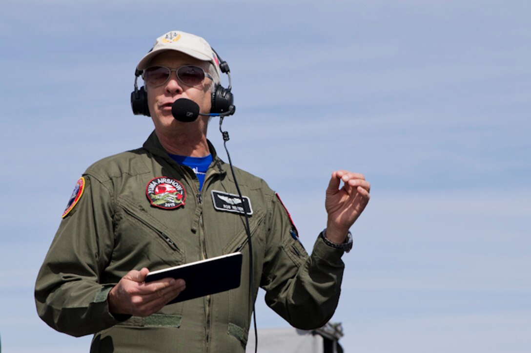 Announcer Rob Reider kicks off the 2019 Yuma Airshow hosted by Marine Corps Airstation Yuma, Ariz., Saturday March 9, 2019. Rob Reider is the most sought-after announcer on the North American Airshow circuit. His talents have earned him the highest award in the airshow industry, the international Council of Air Shows "Sword of Excellence" A former Midwest television personality, Rob received 5 Emmy Awards for his on-air performance and musical compositions. The airshow is MCAS Yuma's only military airshow of the year and provides the community an opportunity to see thrilling aerial and ground performers for free while interacting with Marines and Sailors. (U.S. Marine Corps photo by Lance Cpl. Joel Soriano)