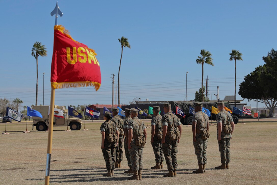 U.S. Marines participate in the Marine Air Control Squadron 1 Relief and Appointment ceremony at Marine Corps Air Station Yuma, Ariz., March 13, 2019. The Relief and Appointment ceremony is an honored product of the rich heritage of Naval tradition. The heart of the ceremony is the passing of the organizational Non-Commissioned Officer (NCO) Sword by the Activity Commander from the outgoing Sergeant Major to the new Sergeant Major, which signifies the transfer of responsibility, accountability and authority, from one individual to another. (U.S. Marine Corps photo by Lance Cpl. Joel Soriano)
