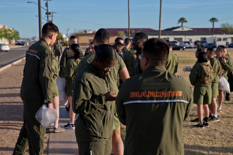 U.S. Marines with Headquaters and Headquarters Squadron(H&HS) conduct a base wide clean up at Marine Corps Air Station(MCAS) Yuma, Ariz., March 15, 2019. The base clean up is intended to boost unit morale and ensure the cleanliness of MCAS Yuma. (U.S. Marine Corps photo by Pfc John Hall)