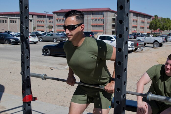 U.S. Marines Stationed at Marine Corps Air Station (MCAS) Yuma go through a High Intensity Tactical Training (HITT) Course at MCAS Yuma, Ariz., March 19, 2019. The purpose of the HITT Course is to give the Marines the tools they need to bring high intensity workouts and proper fundamentals  back to their units. (U.S. Marine Corps photo by Lance Cpl. Joel Soriano)