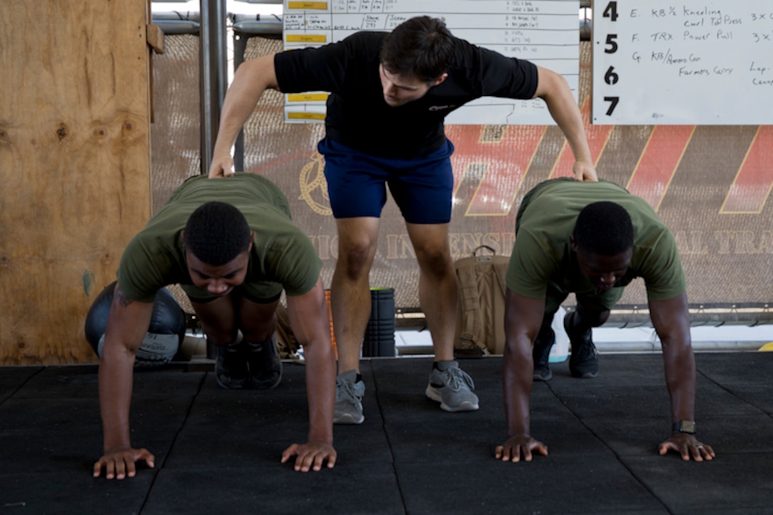 U.S. Marines Stationed at Marine Corps Air Station (MCAS) Yuma go through a High Intensity Tactical Training (HITT) Course at MCAS Yuma, Ariz., March 19, 2019. The purpose of the HITT Course is to give the Marines the tools they need to bring high intensity workouts and proper fundamentals  back to their units. (U.S. Marine Corps photo by Lance Cpl. Joel Soriano)