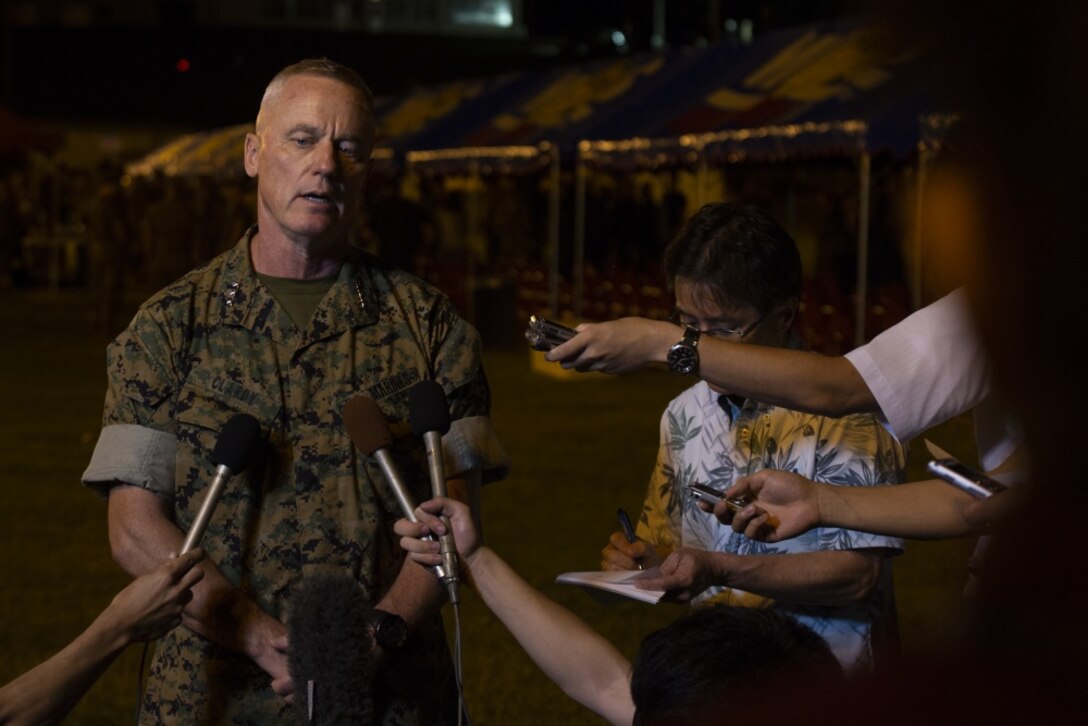 Lt. Gen. H. Stacy Clardy, III, answers questions during a press conference following the III Marine Expeditionary Force change of command ceremony at Camp Courtney, Okinawa, Japan, May 31, 2019. Lt. Gen. Eric M. Smith passed his duties as the commanding general of III MEF onto Lt. Gen. H. Stacy Clardy, III. Clardy arrived from the Office of the Under Secretary of Defense for Personnel and Readiness where he served as the Military Deputy.