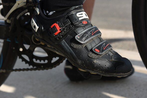 A clipless shoe rests on a bike pedal June 1, 2019, at Incirlik Air Base, Turkey. The shoes enable cyclists from the local bike group to transfer more power from their legs to the pedals and be more effective during bike rides. (U.S. Air Force photo by Staff Sgt. Matthew J. Wisher)