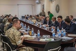 Members of the Combined Joint Task Force-Operation Inherent Resolve (CJTF-OIR) meet with ambassadors of the coaltion's nations at Union 3, Iraq, June 4 2019. The ambassadors met with the CJTF Commanding General and the key staff of CJTF responsible for the conduct of military operations in Iraq and Syria to discuss topics of interest such as continuing to support ISF partners as these increasingly capable forces lead the way in pursuit of the lasting defeat of Daesh. (U.S Army Photo by Spc. Adrian Pacheco)