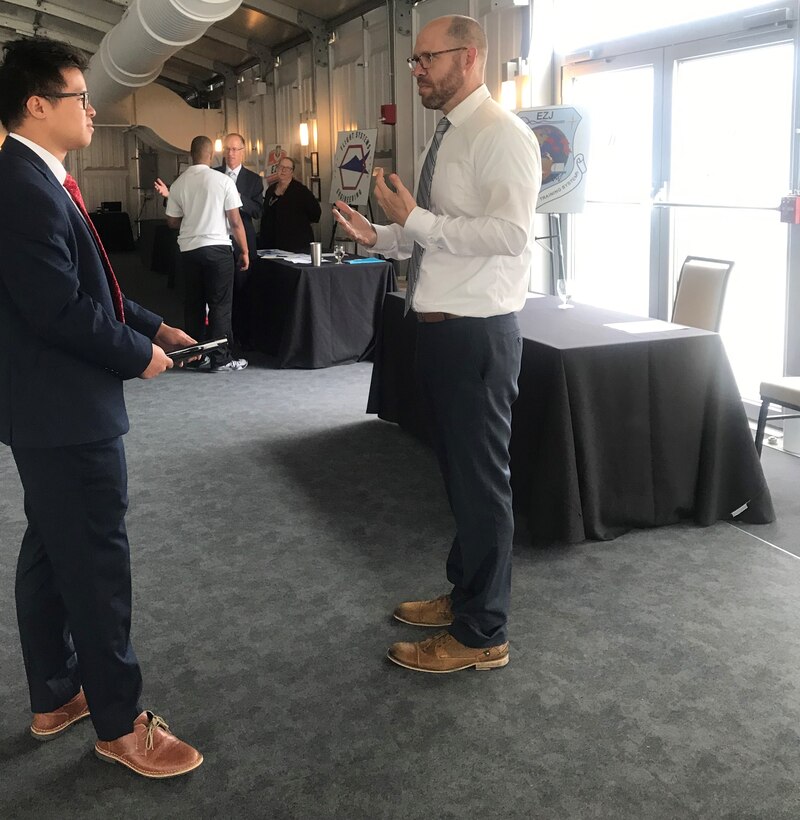 Representatives from AFLCMC engineering were on hand at the two-day recruitment and hiring event at the Marriott hotel in Dayton, Ohio on May 29.  Potential candidates had the opportunity to learn about the different jobs available within AFLCMC Engineering. (U.S. Air Force photo/Stacey Geiger)