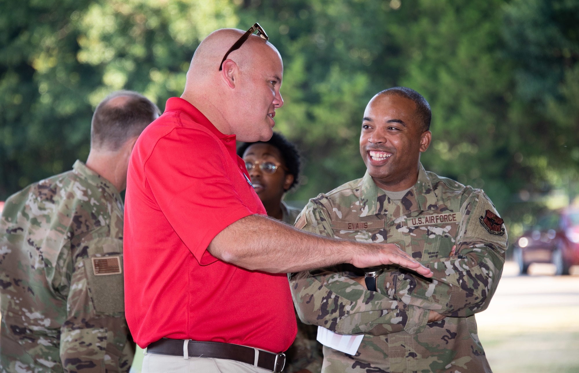 Senior Master Sgt. Thomas E. Case speaks with a fellow Airman, May 28, 2019, on Maxwell Air Force Base, Alabama. Case, who currently serves as a squadron superintendent with Pacific Air Command, was selected to be a member of the 2019 Eagles because of his valor and gallantry in combat. He is one of three Airmen in U.S. Air Force history to twice receive the Silver Star, the nation’s third highest award, which he received supporting ground force operations in Iraq in 2003 and in Afghanistan in 2009.