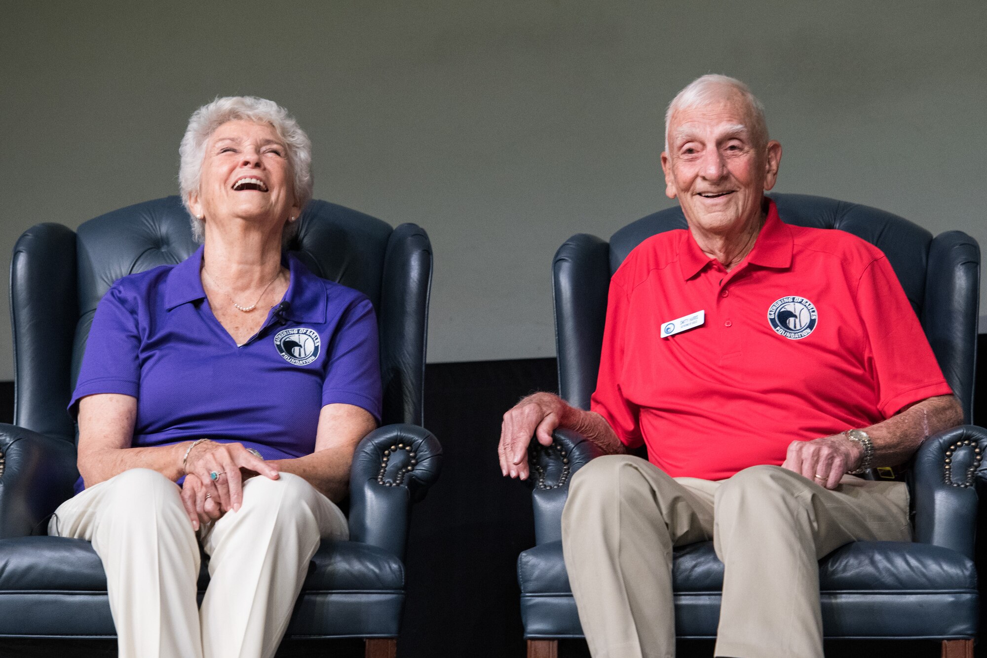 Retired Col. Carlyle “Smitty” Harris, and his wife, speak with Air Command and Staff College students, May 29, 2019, during the 38th annual Gathering of Eagles at Maxwell Air Force Base, Alabama. Harris was selected as an Eagle for his acts of leadership and courage during his time as a POW in Vietnam, where he introduced the tap code as a means for prisoners to communicate.