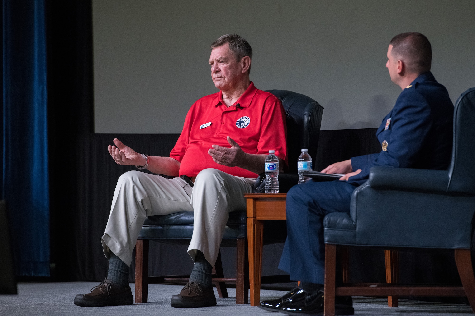 Retired Chief Master Sgt. Don A. Beasley speaks with Air Command and Staff College students, May 29, 2019, during the 38th annual Gathering of Eagles at Maxwell Air Force Base, Alabama. Beasley was selected as an Eagle for his innovative contributions to the pararescue community while developing and executing some of the most daring rescues in history, specifically Desert One.