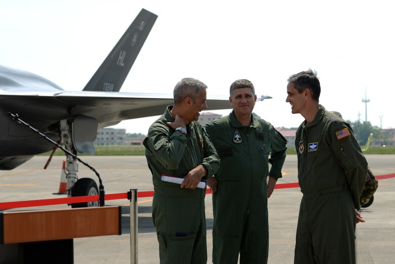 Senior Leaders, Italian Air Force Maj. Gen. Silvano Frigerio, Combat Force Commander, U.S. Air Force Lt. Gen. Steven Basham, U.S Air Forces Europe and Air Forces Africa deputy commander, and Brig. Gen. Mato Mikic, Croatian Air Force commander visited Aviano Air Base, Italy as part of Astral Knight 2019, June 4. The Senior Leaders visited Aviano as part of the first U.S. Air Forces in Europe-sponsored integrated air and missile defense exercise taking place at various locations in Italy, Croatia and Slovenia. (U.S. Air Force photo by Airman 1st Class Ericka A. Dechane).