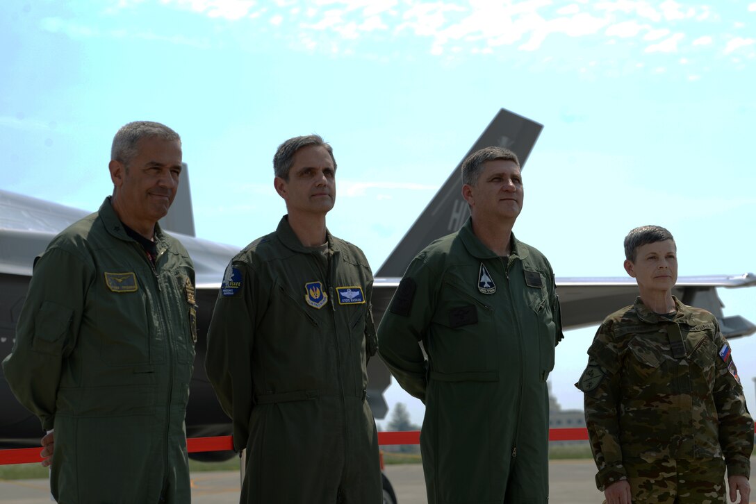 Senior Leaders, Italian Air Force Maj. Gen. Silvano Frigerio, Combat Force Command commander, U.S. Air Force Lt. Gen. Steven Basham, U.S Air Forces Europe and Air Forces Africa deputy commander, Brig. Gen. Mato Mikic, Croatian Air Force commander, and Maj. Gen. Alenka Ermenc, Slovenia Air Force chief of the general staff, visited Aviano Air Base, Italy as part of Astral Knight 2019, June 4. The Senior Leaders visited Aviano as part of the first U.S. Air Forces in Europe-sponsored integrated air and missile defense exercise taking place at various locations in Italy, Croatia and Slovenia. (U.S. Air Force photo by Airman 1st Class Ericka A. Dechane).