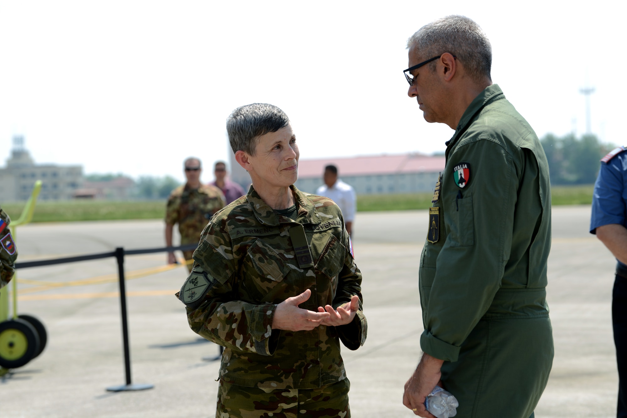 Senior Leaders, Italian Air Force Maj. Gen. Silvano Frigerio, Combat Force Command commander, and Gen. Alenka Ermenc, Slovenia Air Force chief of the general staff, visited Aviano Air Base, Italy as part of Astral Knight 2019, June 4. The Senior Leaders visited Aviano as part of the first U.S. Air Forces in Europe-sponsored integrated air and missile defense exercise taking place at various locations in Italy, Croatia and Slovenia. (U.S. Air Force photo by Airman 1st Class Ericka A. Dechane).