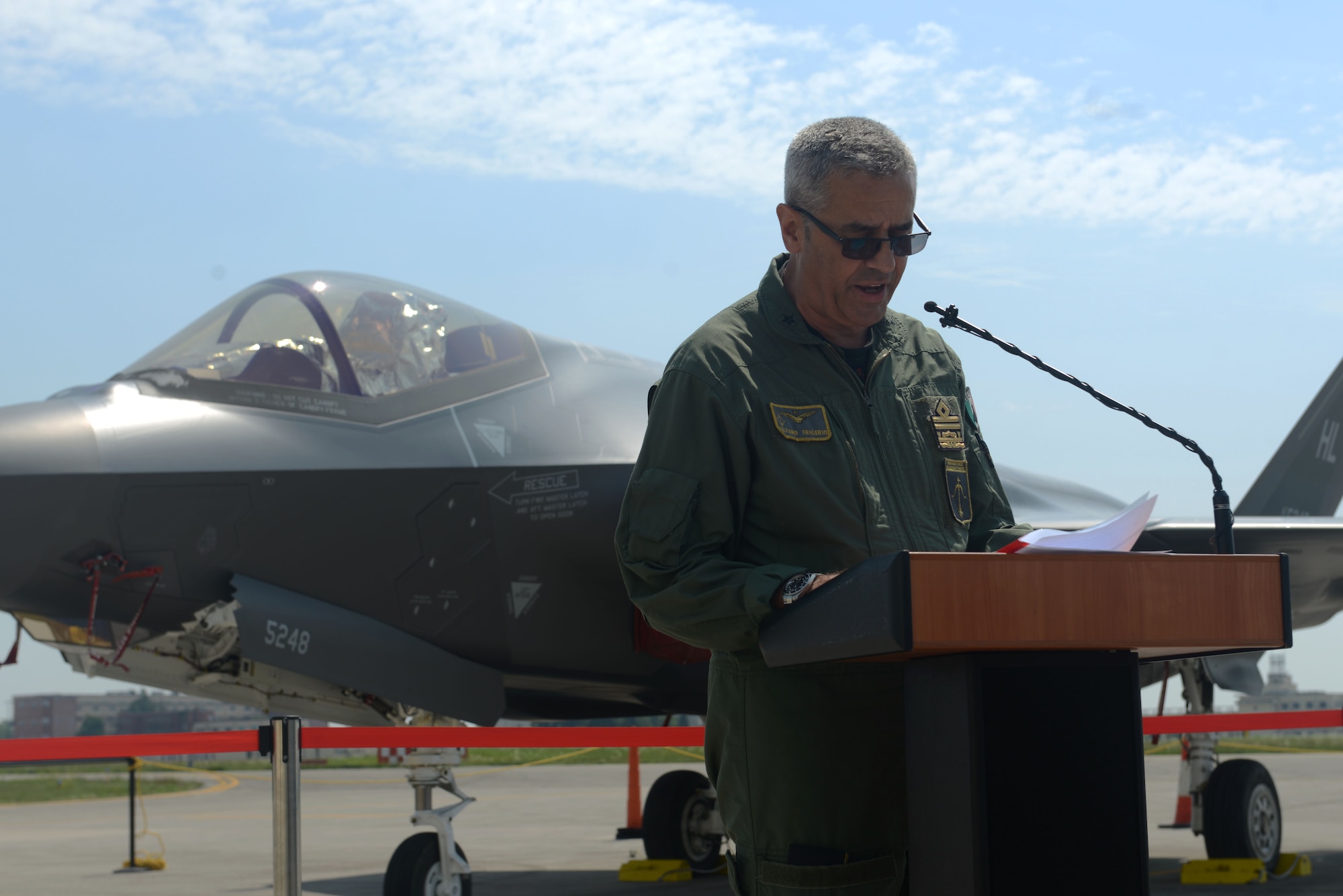 Italian Air Force Maj. Gen. Silvano Frigerio, Combat Force Command commander spoke at Aviano Air Base, Italy, June 4, 2019. While visiting, Frigerio discussed key topics, such as the vital role that partnership in multinational exercises enhances our professional relationships and improves overall coordination with allies and partner militaries during times of crisis. (U.S. Air Force photo by Airman 1st Class Ericka A. Dechane).