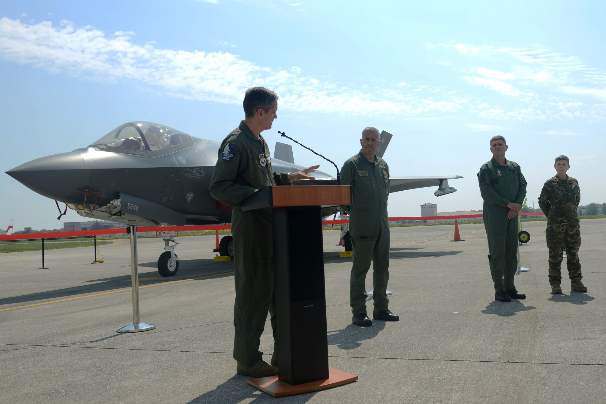 Senior Leaders, Italian Air Force Maj. Gen. Silvano Frigerio, Combat Force Command commander, U.S. Air Force Lt. Gen. Steven Basham, U.S Air Forces Europe and Air Forces Africa deputy commander, Brig. Gen. Mato Mikic, Croatian Air Force commander, and Maj. Gen. Alenka Ermenc, Slovenia Air Force chief of the general staff, visited Aviano Air Base, Italy as part of Astral Knight 2019, June 4. The Senior Leaders visited Aviano as part of the first U.S. Air Forces in Europe-sponsored integrated air and missile defense exercise taking place at various locations in Italy, Croatia and Slovenia. (U.S. Air Force photo by Airman 1st Class Ericka A. Dechane).