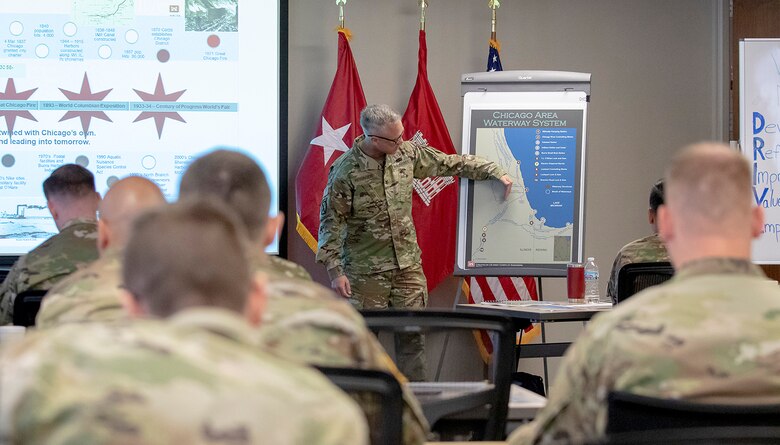 Col. Aaron Reisinger, commander of USACE Chicago District, gives opening remarks, May 22, 2019.