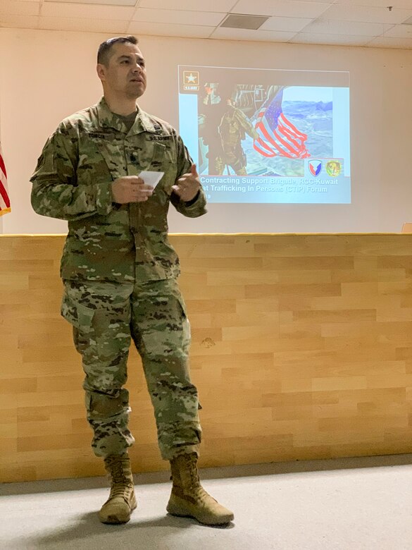 Army Lt. Col. Paul Tomcik, commander of the Regional Contracting Center - Kuwait, 408th Contracting Support Brigade, presents the closing remarks during the third annual Combating Trafficking in Persons forum at Camp Arifjan, Kuwait, May 16, 2019. The brigade provides operational contracting support to U.S. Army Central (USARCENT) by preparing and coordinating support plans, providing oversight, assessment, policy and acquisition authority to assigned contingency contracting organizations and contract assets. These types of forums show that USARCENT builds cohesion and assures allies and partners of its shared vision and unity of purpose of stability in its areas of operations.