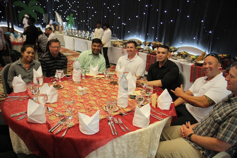 Soldiers from Area Support Group-Qatar gathered in Doha, Qatar, to celebrate iftar, the traditional Ramadan breaking of the daily fast meal. Soldiers and other service members as well as Families were invited by the Qatari armed forces International Military Cooperation Authority to attend the meal to celebrate the cooperation between the two nations.