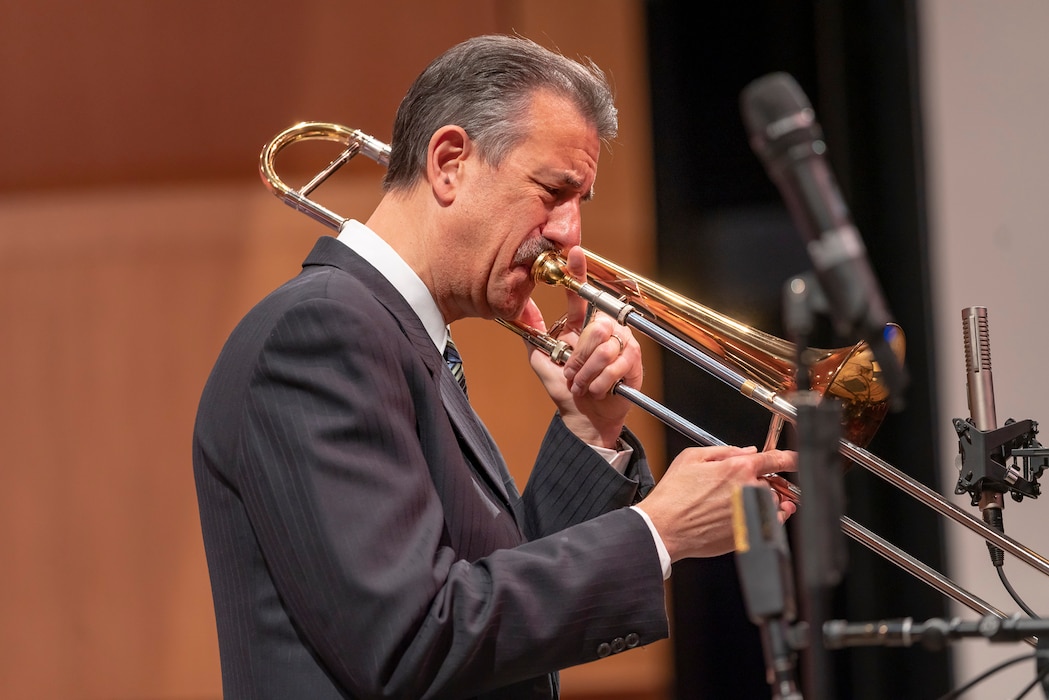 Trombonist John Fedchock performs with the Airmen of Note at the 2019 Jazz Heritage Series. The Airmen of Note's Jazz Heritage Series, presented by the United States Air Force Band, provides a wonderful opportunity for the public to experience the Air Force's high level of professionalism through concerts featuring masters of the only American-born art form, jazz. (U.S. Air Force Photo by Master Sgt. Josh Kowalsky)