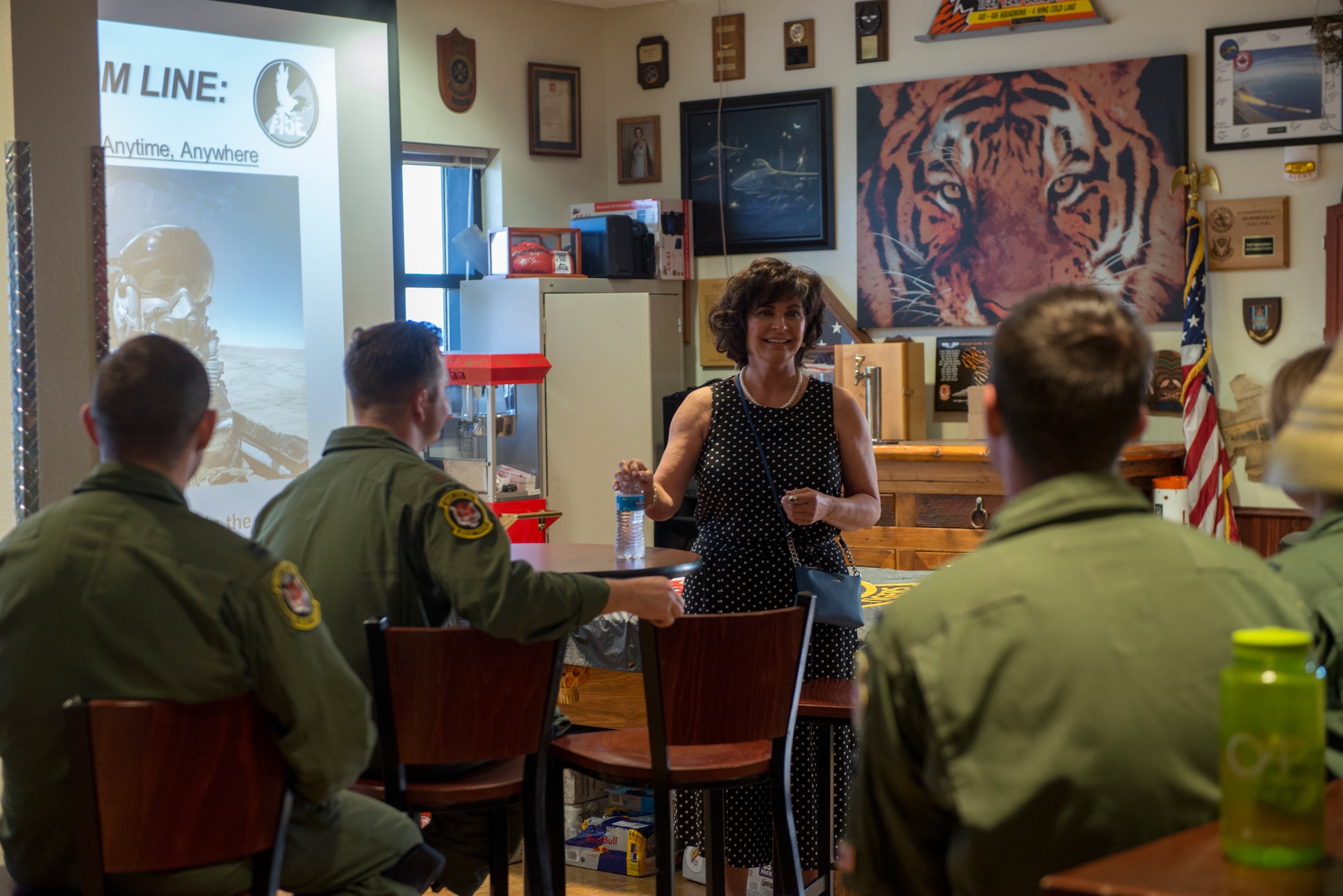 Janine Sijan-Rozina, Capt. Lance P. Sijan’s sister, meets with 391st Fighter Squadron Aircrew May 30, 2019 at Mountain Home Air Force Base, Idaho. Sijan-Rozina visited several locations on base during the two-day MHAFB premiere of the documentary “SIJAN” and spoke to next-generation Gunfighters about her brother’s story. (U.S Air Force photo by Airman 1st Class JaNae Capuno)