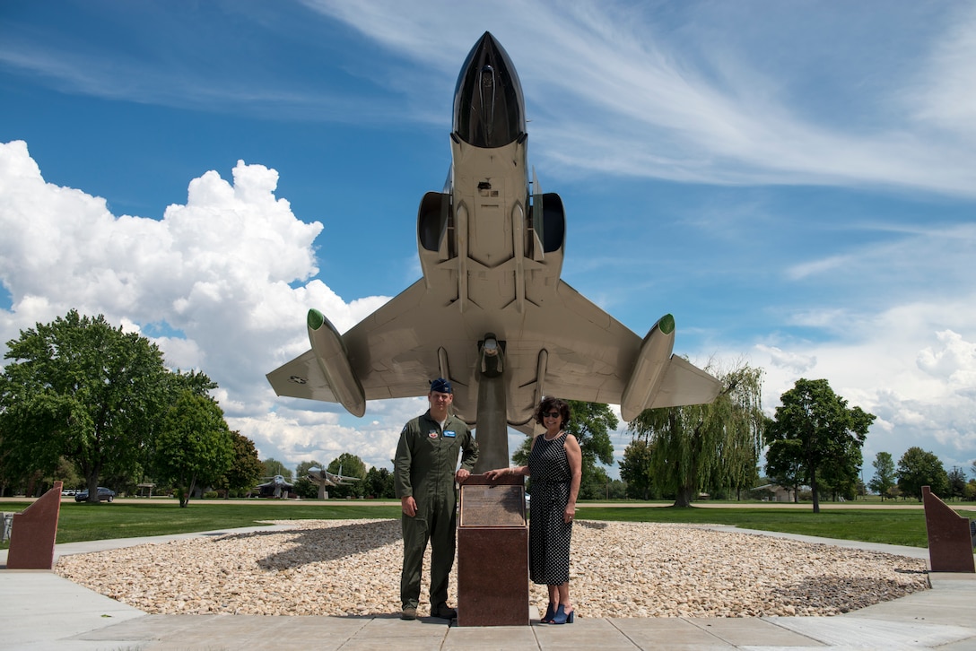 Col. Joe Kunkel, 366th Fighter Wing commander and Janine Sijan-Rozina, Capt. Lance P. Sijan’s sister, visit the Capt. Lance P. Sijan memorial at Holt Park, May 30th 2019 at Mountain Home Air Force Base, Idaho. Sijan-Rozina visited several locations on base during the two-day MHAFB premiere of the documentary “SIJAN” and spoke to next-generation Gunfighters about her brother’s story. (U.S Air Force photo by Airman 1st Class JaNae Capuno)