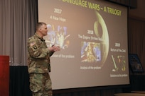 Col. Joseph Green uses Star Wars as an analogy to describe the emerging era of the strategic linguist during the 2019 Military Intelligence Language Conference March 2, 2019.