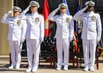 Rear Adm. Tom Anderson (left) stands with Naval Sea Systems Command (NAVSEA) Commander Vice Adm. Tom Moore and Rear Adm. Jim Downey during a change of command ceremony May 31 at the Washington Navy Yard. Anderson relieved Downey as commander, Navy Regional Maintenance Center and deputy commander, Surface Warfare, NAVSEA. (U.S. Navy photo by Dustin Williams/Released)