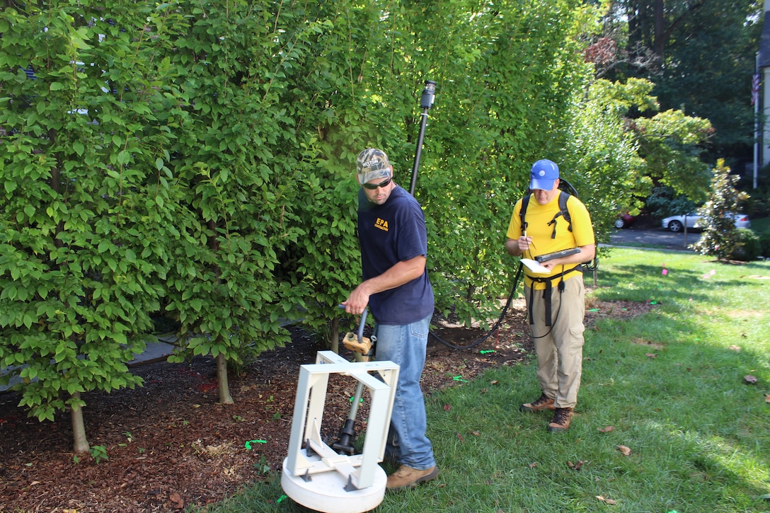 Advanced Geophysical Classification technology is used during a pilot study to determine whether buried metal is cultural debris or a munition item at a private property within the Spring Valley Formerly Used Defense Site in Washington D.C., Sept. 8, 2016. Manned Portable Vector, or MPV, technology seen here was proved to be effective and is being used during ongoing munitions investigation work in Spring Valley.