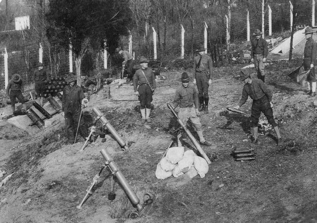 Soldiers train at the American University Experiment Station during World War I. The American University Experiment Station was closed after World War I and its historic boundaries are included within the Spring Valley Formerly Used Defense Site where the U.S. Army Corps of Engineers is carrying out cleanup efforts to remove potential hazards that may remain stemming from past military activity.
