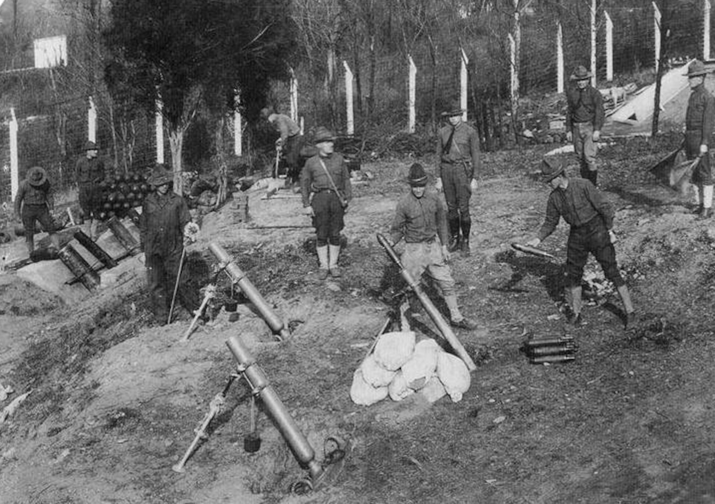 Soldiers train at the American University Experiment Station during World War I. The American University Experiment Station was closed after World War I and its historic boundaries are included within the Spring Valley Formerly Used Defense Site where the U.S. Army Corps of Engineers is carrying out cleanup efforts to remove potential hazards that may remain stemming from past military activity.