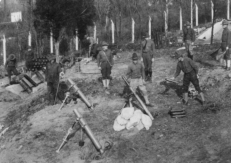 Soldiers train at the American University Experiment Station during World War I. The American University Experiment Station was closed after World War I and its historic boundaries are included within the Spring Valley Formerly Used Defense Site where the U.S. Army Corps of Engineers is carrying out cleanup efforts to remove potential hazards that may remain stemming from past military activity.