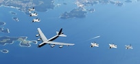 U.S. and Italian Air Forces aircraft consisting of F-35 Lightning IIs, F-16 Fighting Falcons, and a B-52 Stratofortress, fly in formation over the Adriatic Sea during Astral Knight 19, June 4, 2019. Astral Knight is an exercise taking place throughout various locations in Europe, involving over 900 Airmen and supports the collective defense and security of NATO allies and U.S. forces in Europe.