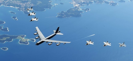 U.S. and Italian Air Forces aircraft consisting of F-35 Lightning IIs, F-16 Fighting Falcons, and a B-52 Stratofortress, fly in formation over the Adriatic Sea during Astral Knight 19, June 4, 2019. Astral Knight is an exercise taking place throughout various locations in Europe, involving over 900 Airmen and supports the collective defense and security of NATO allies and U.S. forces in Europe.