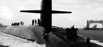 The Ohio-class ballistic-missile submarine USS Rhode Island (SSBN 740) (Blue) returns to Naval Submarine Base Kings Bay, Ga., following a Demonstration and Shakedown Operation (DASO) where Rhode Island completed a test flight of an unarmed Trident II D5 missile. The base is homeport to five ballistic-missile submarines, capable of carrying up to 20 submarine-launched ballistic-missiles with multiple warheads.