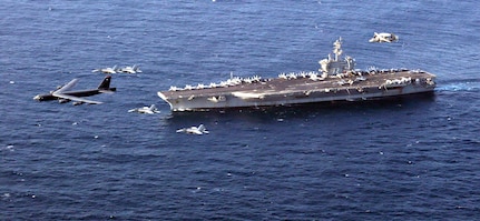 The Abraham Lincoln Carrier Strike Group and a U.S. Air Force B-52H Stratofortress assigned to the 20th Expeditionary Bomb Squadron, and part of the Bomber Task Force deployed to the region, conduct joint exercises in the U.S. Central Command area of responsibility. The demonstration of flexible and adaptable joint operations shows U.S. military forces are prepared to respond to contingencies and defend the interest in the region. With Abraham Lincoln as the flagship, deployed strike group assets include staffs, ships and aircraft of Carrier Strike Group (CSG) 12, Destroyer Squadron (DESRON) 2, the guided-missile cruiser USS Leyte Gulf (CG 55) and Carrier Air Wing (CVW) 7.