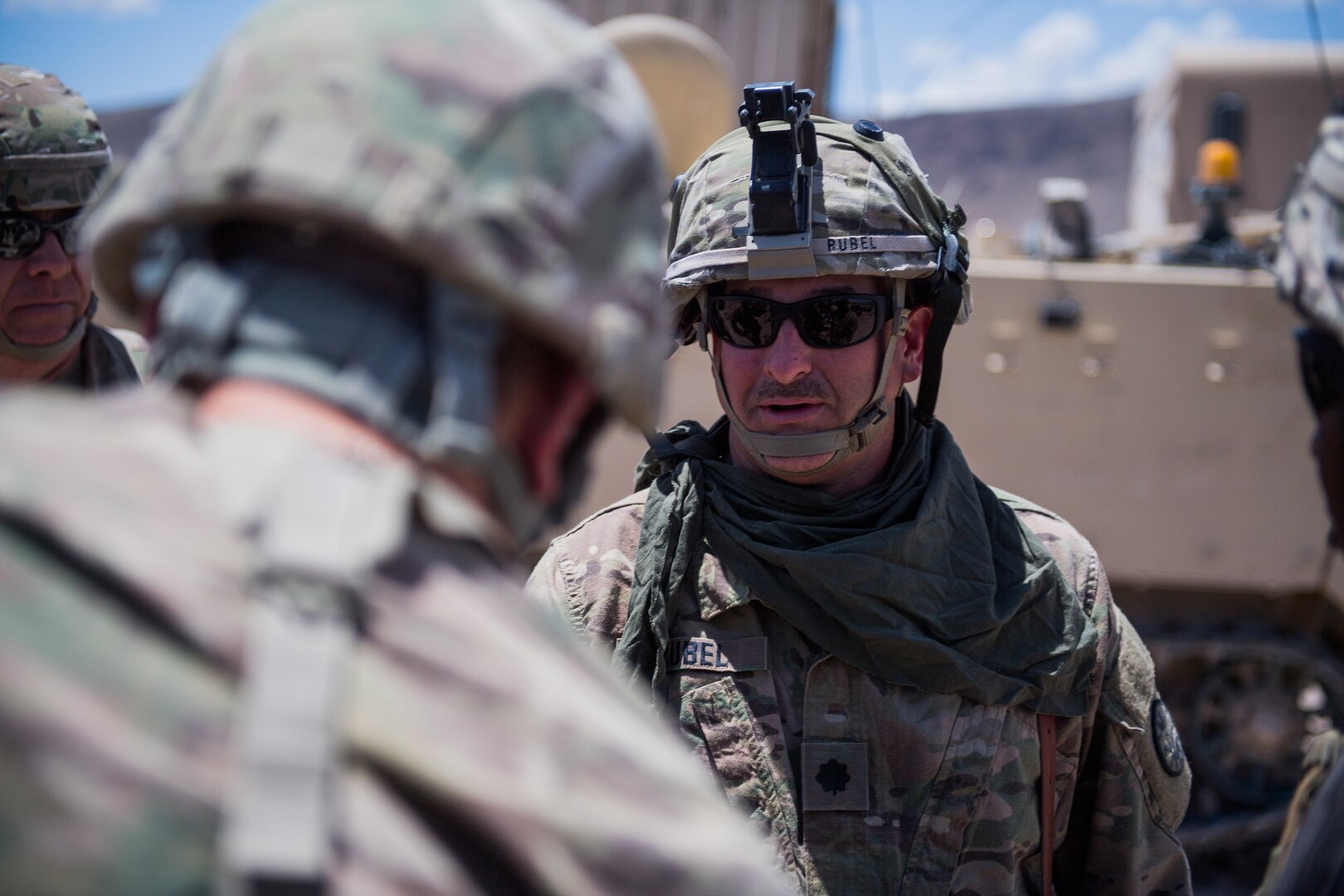 Idaho Army National Guard Lt. Col. Lee Rubel, commander, 116th Brigade Engineer Battalion, discusses his task force’s National Training Center mission with Brig. Gen. Anthony V. Mohatt June 1, 2019, at Fort Irwin, California. Mohatt, commander, Kansas Army National Guard, was at the National Training Center to visit Soldiers from the 891st Engineer Battalion’s 242nd Engineer Company and 772nd Engineer Mobility Augmentation Company. The two companies are supporting the 116th Cavalry Brigade Combat Team’s National Training Center rotation.