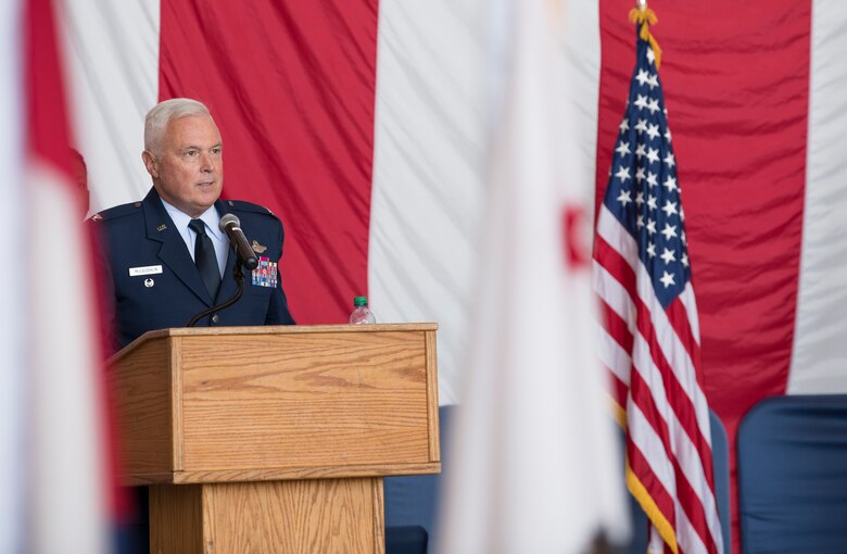 Col. Scott McLaughlin, incoming 349th Air Mobility Wing commander, speaks to members of the 349th AMW during a change of command ceremony at Travis Air Force Base, California, June 1, 2019. McLaughlin is schedule to assume command of the 349th AMW from Col. Raymond Kozak on June 9.