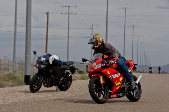 U.S. Marines stationed at Marine Corps Air Station (MCAS) Yuma participate in the Yamaha Champions Riding School course at MCAS Yuma, Ariz., March 20 2019. (U.S. Marine Corps photo by Pfc. John Hall)