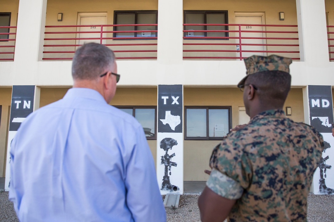 U.S. Marines assigned to Headquarters & Headquarters Squadron (H&HS) participate in a barracks deck competition at the Marine Corps Air Station (MCAS) Yuma H&HS Barracks, March 28, 2019. The Marines had 72 hours to paint and design their deck how they pleased, with rules and guidelines to adhere to. Third deck won the competition with a theme of "Operation Enduring Freedom". (U.S. Marine Corps photo by Cpl. Sabrina Candiaflores)