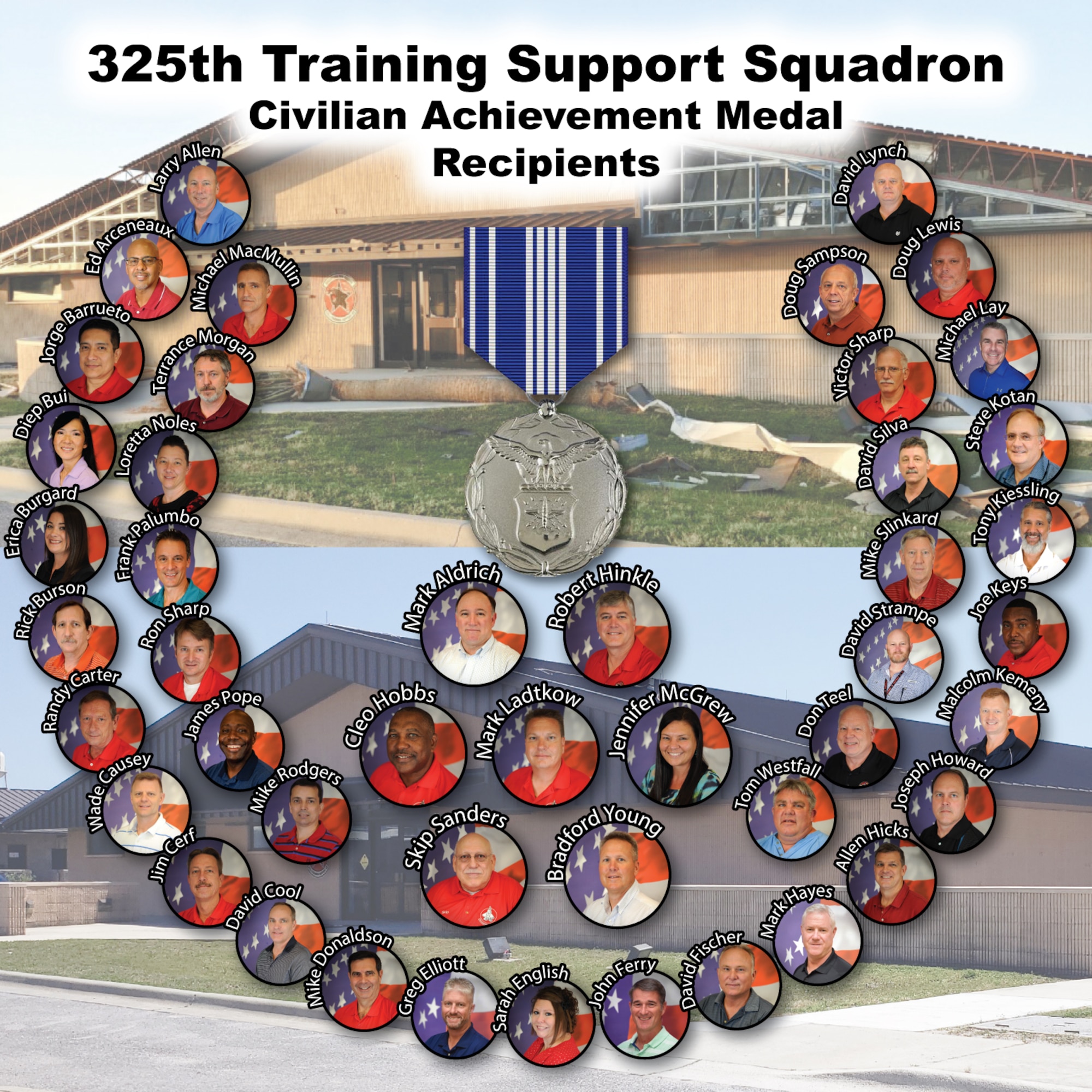 Forty-six civilian employees from the 325th Training Support Squadron received Civilian Achievement medals after Hurricane Michael hit Tyndall Air Force Base, Florida, in October of 2018.