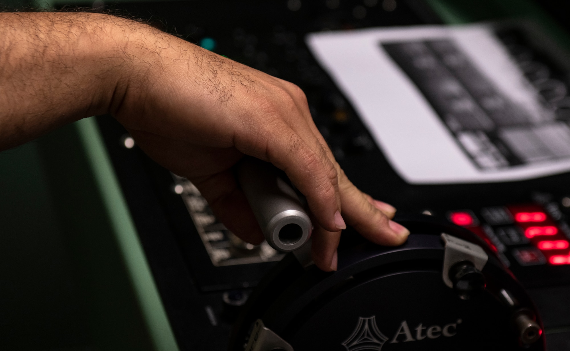 U.S. Air Force Staff Sgt. Abraham Rojas, 20th Component Maintenance Squadron engine test facility craftsman, uses a General Electric F110-GE-129 engine throttle at Shaw Air Force Base, S.C., May 29, 2019.