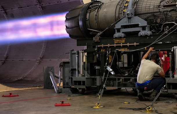 U.S. Air Force Senior Airman Skyler Fleming, 20th Component Maintenance Squadron engine test facility (ETF) journeyman, inspects an active General Electric F110-GE-129 engine at Shaw Air Force Base, S.C., May 29, 2019.