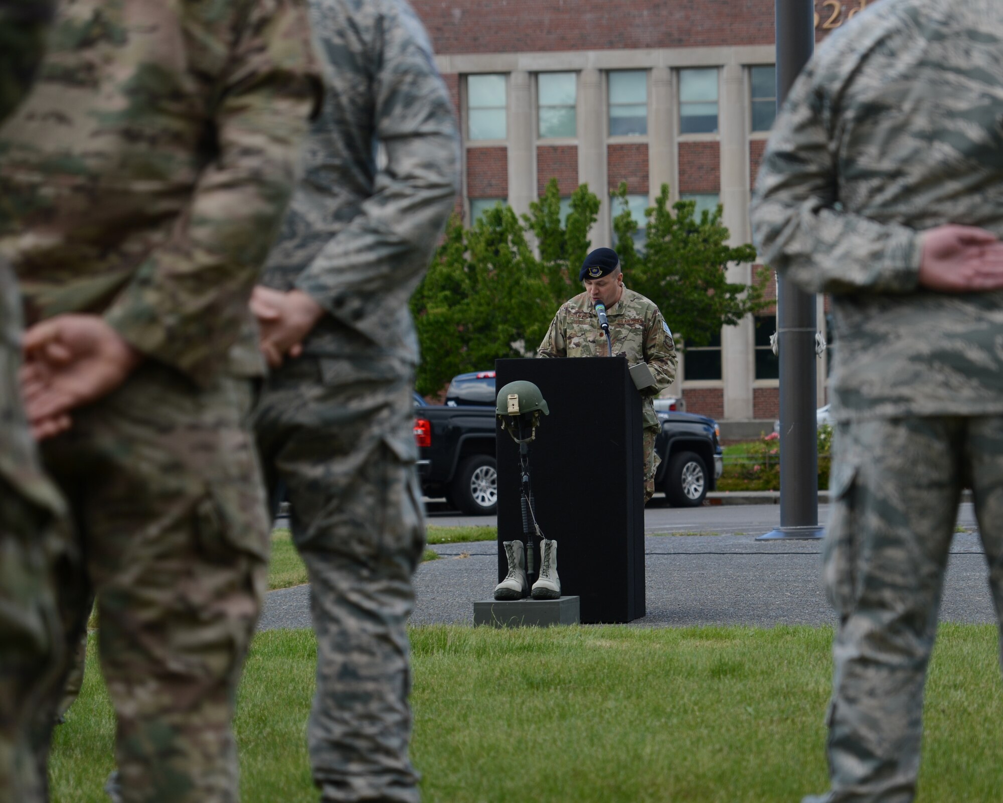 During the Police Week closing ceremony, Maj. Michael Holt, 627th Security Forces commander, shared his heart-felt gratitude and appreciation for security forces Airmen, also referred to as defenders, and their civilian counterparts as Team McChord’s 2019 Police Week observances wrap up at McChord Field, Joint Base Lewis-McChord, Wash.