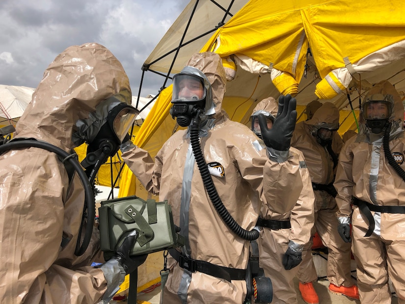 Members of the Utah National Guard provide assistance following a nuclear fallout scenario exercise at Camp Williams in Bluffdale to showcase the Homeland Response Force’s capabilities on Saturday, March 23, 2019. The training involved drills on on responding to a 10-kiloton nuclear blast and included rescue, extraction, decontamination and medical attention.